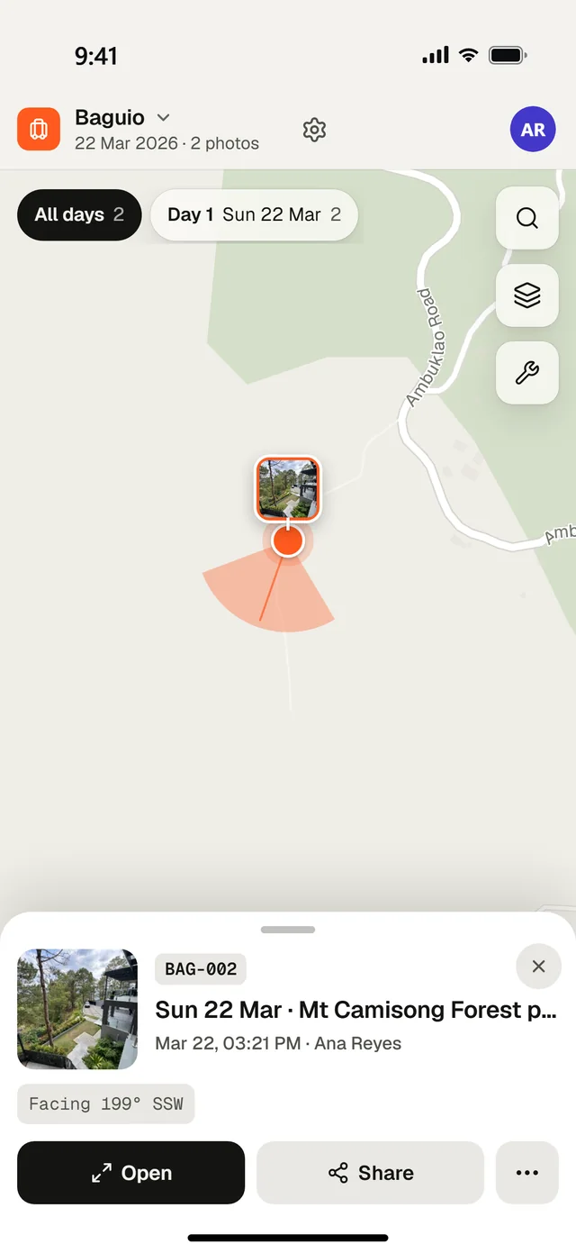 A photo on Pinstr's map in Baguio, its pin and the beam of the way it faced