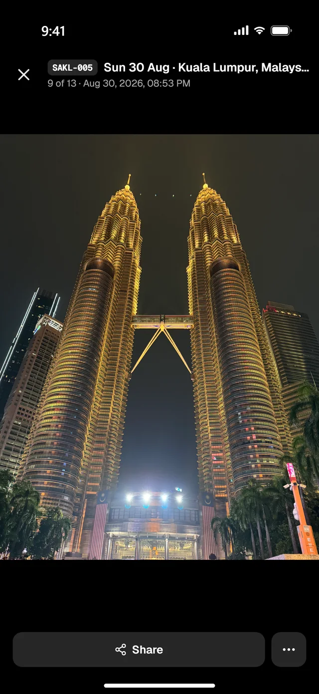 A night photo of the Petronas Towers open in Pinstr, from a trip to Kuala Lumpur